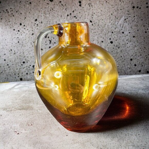 Vintage Hand Blown Amber Glass Jug Decanter Vase With Clear Applied Handle Glass - Picture 2 of 16